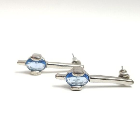 Vintage Blue Rhinestone Silver Tone Stud Drop Earrings, Minimal Design - Picture 2 of 6